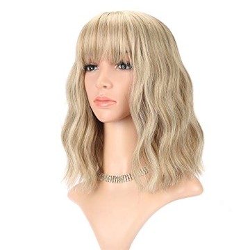 FAELBATY Blonde Wig Loose Wave Short Bob Colorful Wigs With Air Bangs Shoulder Length Wig For Women ...