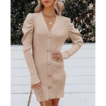 Stylish Chellysun V Neck Ribbed Knit Sweater Dress
