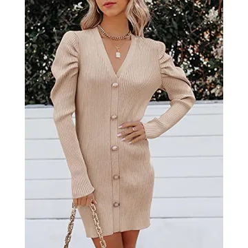 Stylish Chellysun V Neck Ribbed Knit Sweater Dress