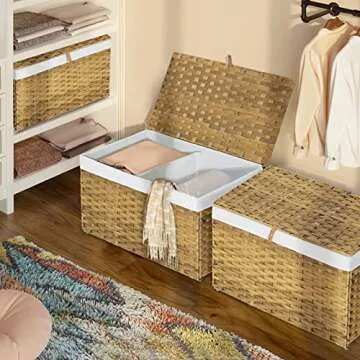 GREENSTELL Storage Basket with Lid, 105L Large Wicker Basket with Lid, Handwoven Blanket Storage Basket with Handles, Removable Cotton Liner, Metal Frame, Foldable for Bedroom, Laundry Room, Natural