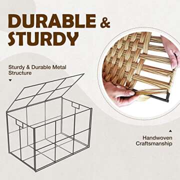 GREENSTELL Storage Basket with Lid, 105L Large Wicker Basket with Lid, Handwoven Blanket Storage Basket with Handles, Removable Cotton Liner, Metal Frame, Foldable for Bedroom, Laundry Room, Natural