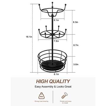 Visentor Coffee Mug Holder Tree Stand - Rotatable Metal Coffee Mug Rack Holder, 3 Tiers Handle Coffee Cup Holder for 10 Mug Hooks with Cup Pods & Saucer Basket Storage for Bar Kitchen Counter Black