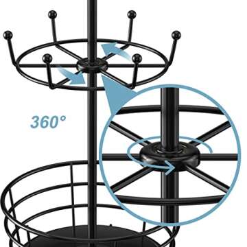 Visentor Coffee Mug Holder Tree Stand - Rotatable Metal Coffee Mug Rack Holder, 3 Tiers Handle Coffee Cup Holder for 10 Mug Hooks with Cup Pods & Saucer Basket Storage for Bar Kitchen Counter Black