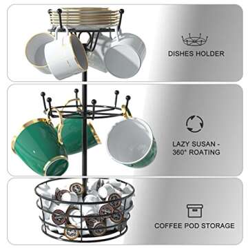 Visentor Coffee Mug Holder Tree Stand - Rotatable Metal Coffee Mug Rack Holder, 3 Tiers Handle Coffee Cup Holder for 10 Mug Hooks with Cup Pods & Saucer Basket Storage for Bar Kitchen Counter Black
