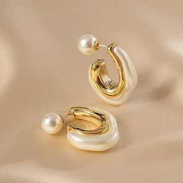 HETICA Chunky Gold Hoop Earrings, 14k Gold Plated Pearl Hoop Earrings for Women, Pearl Drop Earrings...