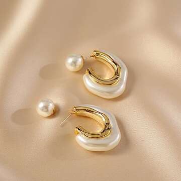 HETICA Chunky Gold Hoop Earrings, 14k Gold Plated Pearl Hoop Earrings for Women, Pearl Drop Earrings, Pearl Statement Earrings, Chunky Hoop Earrings, Suitable Gifts for Women