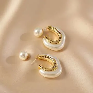 HETICA Chunky Gold Hoop Earrings, 14k Gold Plated Pearl Hoop Earrings for Women, Pearl Drop Earrings, Pearl Statement Earrings, Chunky Hoop Earrings, Suitable Gifts for Women