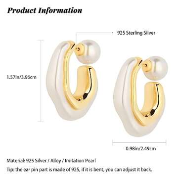 HETICA Chunky Gold Hoop Earrings, 14k Gold Plated Pearl Hoop Earrings for Women, Pearl Drop Earrings, Pearl Statement Earrings, Chunky Hoop Earrings, Suitable Gifts for Women