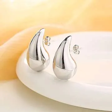Tear Drop Earrings Dupes Extra Large/Small For Women, 𝟏𝟖𝐤 Gold Plated Hollow Chunky Hoop Hypoallergenic Lightweight Waterdrop Earring Fashion Gift Jewelry (Drop-silver)
