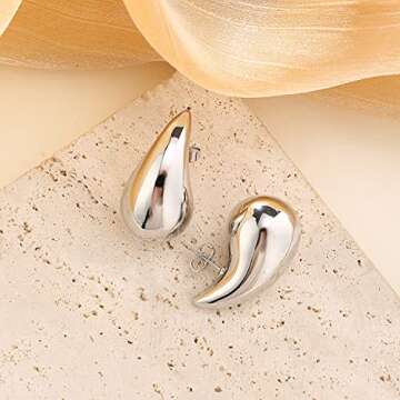 Tear Drop Earrings Dupes Extra Large/Small For Women, 𝟏𝟖𝐤 Gold Plated Hollow Chunky Hoop Hypoallergenic Lightweight Waterdrop Earring Fashion Gift Jewelry (Drop-silver)