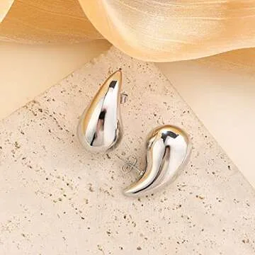 Tear Drop Earrings Dupes Extra Large/Small For Women, 𝟏𝟖𝐤 Gold Plated Hollow Chunky Hoop Hypoallergenic Lightweight Waterdrop Earring Fashion Gift Jewelry (Drop-silver)