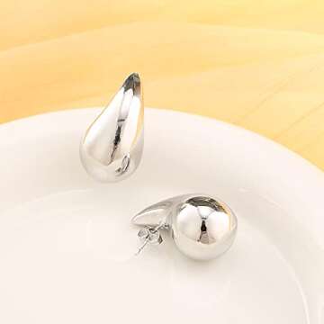 Tear Drop Earrings Dupes Extra Large/Small For Women, 𝟏𝟖𝐤 Gold Plated Hollow Chunky Hoop Hypoallergenic Lightweight Waterdrop Earring Fashion Gift Jewelry (Drop-silver)