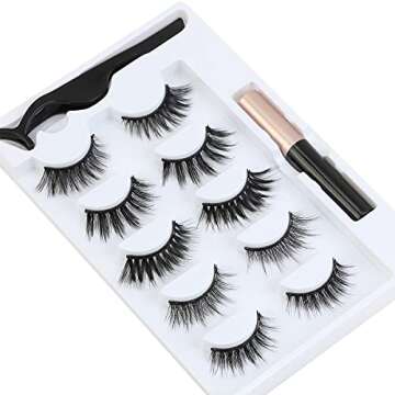 Magnetic Eyelashes with Magnetic Eyeliner, 3D Magnetic Lashes Kit Reusable Natural Look Magnetic Eyelash with Tweezers - No Glue Needed (5 Pairs)