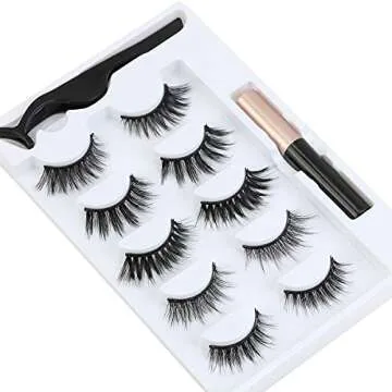 Magnetic Eyelashes with Magnetic Eyeliner, 3D Magnetic Lashes Kit Reusable Natural Look Magnetic Eyelash with Tweezers - No Glue Needed (5 Pairs)