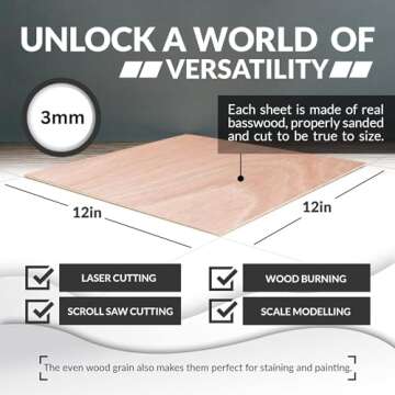 Baltic Birch Basswood Sheets 1/8'', Craft Wood 10 Pack - 12 x 12 x 1/8 Inch - Wood Sheets 3mm, Plywo...