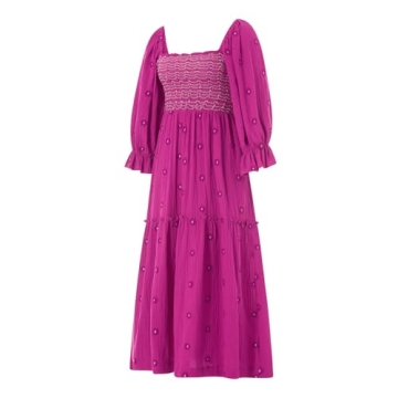 Argeousgor Women 2023 Bohemian Floral Dress Square Neck Ruffle Swing A Line Maxi Dress Long Sleeve Beach Long Dress(Boutique Rose Red Flower Dress,S)