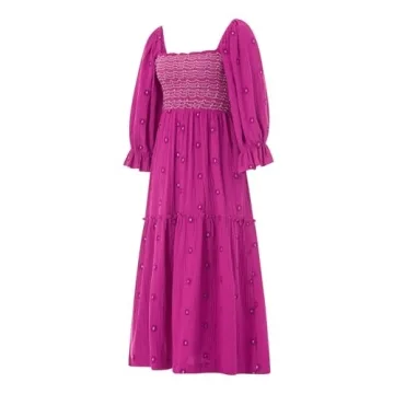 Argeousgor Women 2023 Bohemian Floral Dress Square Neck Ruffle Swing A Line Maxi Dress Long Sleeve Beach Long Dress(Boutique Rose Red Flower Dress,S)