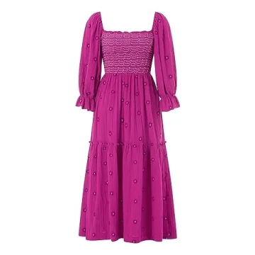 Argeousgor Women 2023 Bohemian Floral Dress Square Neck Ruffle Swing A Line Maxi Dress Long Sleeve Beach Long Dress(Boutique Rose Red Flower Dress,S)