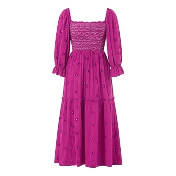 Argeousgor Women 2023 Bohemian Floral Dress Square Neck Ruffle Swing A Line Maxi Dress Long Sleeve Beach Long Dress(Boutique Rose Red Flower Dress,S)