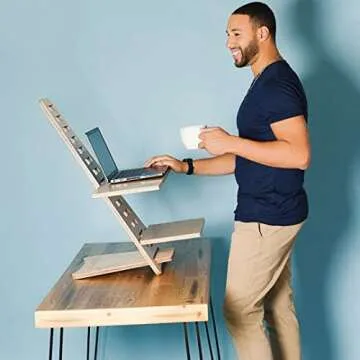 Sleekform Standing Desk Converter - Elevation Stand, Laptop Riser, Adjustable Height Sit to Stand Desk Converter Workstation for Office and Home, Table Top Wood Portable
