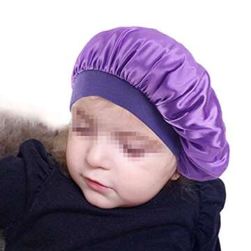 2 Pcs Kids Satin Sleeping Caps Head Cover Bonnet with Elastic Band Hair Care Cap Night Hat for Baby Toddler Teens (Purple and Pink)