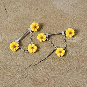 Body Candy 14G Women's Nipplerings Piercing Steel 2Pc Summer Yellow Sunflowers Dangle Nipple Ring Se...