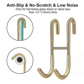 Haitis 4 Pack Over Shower Glass Door Hook, Plated Gold, 304 Stainless Steel Rack Hooks, Bathroom Frameless Drilling-Free Hanger, for Bathing Suits, Robe, Towel, Squeegee, Loofah, Shaver…