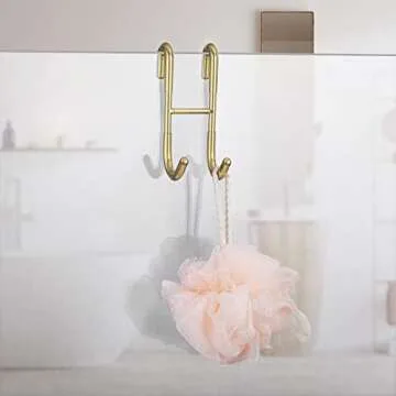 Haitis 4 Pack Over Shower Glass Door Hook, Plated Gold, 304 Stainless Steel Rack Hooks, Bathroom Frameless Drilling-Free Hanger, for Bathing Suits, Robe, Towel, Squeegee, Loofah, Shaver…