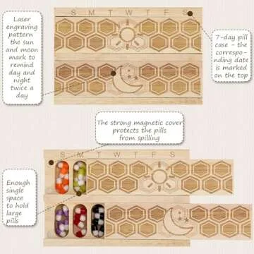 Chengu Wood 7 Day Weekly Pill Organizer Vitamin Dispenser Wooden Pill Case Container Box for Vitamin Fish Oil Pills Supplements, Arthritis Friendly, Outdoor Travel