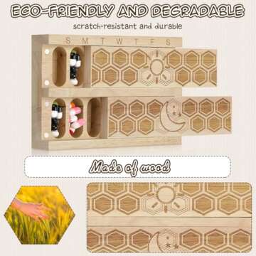 Chengu Wood 7 Day Weekly Pill Organizer Vitamin Dispenser Wooden Pill Case Container Box for Vitamin Fish Oil Pills Supplements, Arthritis Friendly, Outdoor Travel