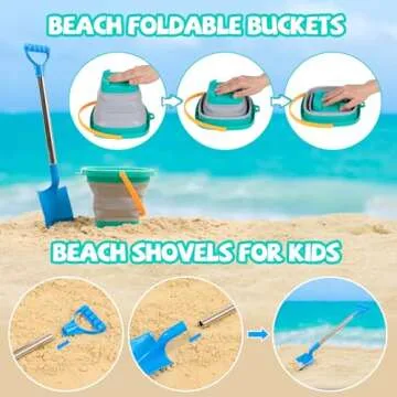 FUNWEGOT Kids Beach Sandbox Toys with Truck,Collapsible Sand Bucket, Big Stainless Steel Shovel Toy, Sand Castle Kit, Animal Molds, Shell Mesh Bag, Summer Travel Outdoor Toys for Boys Girls Age 3+