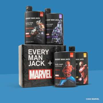Every Man Jack Marvel Collectors Box Body Wash Gift Set - Includes Four Body Washes with Clean Ingredients - Marvel-Inspired Fresh Air, Coastal Thunder, Crimson Oak, and Wakanda Herbs Fragrances