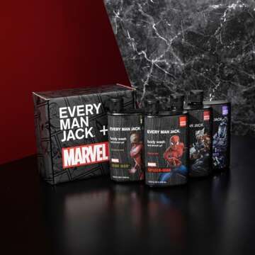 Every Man Jack Marvel Collectors Box Body Wash Gift Set - Includes Four Body Washes with Clean Ingredients - Marvel-Inspired Fresh Air, Coastal Thunder, Crimson Oak, and Wakanda Herbs Fragrances