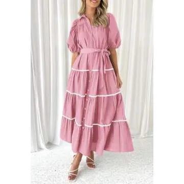PRETTYGARDEN Women's Summer Button Down Shirt Dress Short Puffy Sleeve Tiered Ruffle Flowy Long Maxi Dresses (Pink,Small)