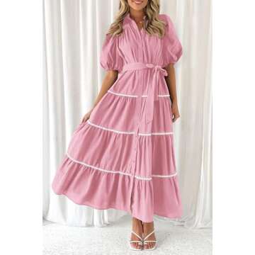 PRETTYGARDEN Women's Summer Button Down Shirt Dress Short Puffy Sleeve Tiered Ruffle Flowy Long Maxi Dresses (Pink,Small)