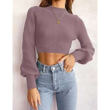 ZESICA Women's Fall Mock Neck Cropped Sweater Long Sleeve Soft Ribbed Knit Pullover Jumper Tops,Purp...