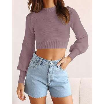 ZESICA Women's Fall Mock Neck Cropped Sweater Long Sleeve Soft Ribbed Knit Pullover Jumper Tops,Purple,Medium
