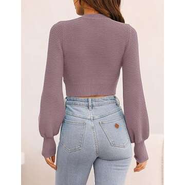 ZESICA Women's Fall Mock Neck Cropped Sweater Long Sleeve Soft Ribbed Knit Pullover Jumper Tops,Purple,Medium