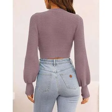 ZESICA Women's Fall Mock Neck Cropped Sweater Long Sleeve Soft Ribbed Knit Pullover Jumper Tops,Purple,Medium