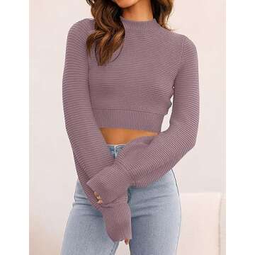 ZESICA Women's Fall Mock Neck Cropped Sweater Long Sleeve Soft Ribbed Knit Pullover Jumper Tops,Purple,Medium