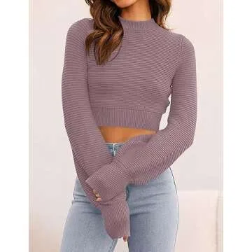 ZESICA Women's Fall Mock Neck Cropped Sweater Long Sleeve Soft Ribbed Knit Pullover Jumper Tops,Purple,Medium