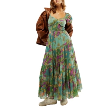 Women Spring Dresses Flowy Smocked Maxi Dress Puff Sleeve Sweetheart Y2K Floral Boho Summer Sundress...