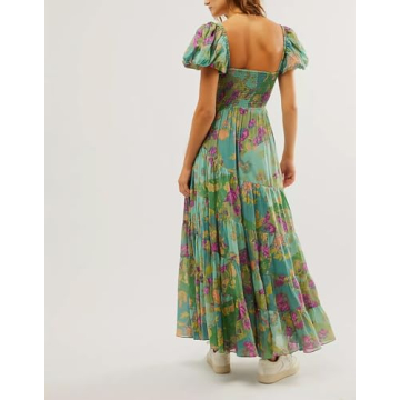 Women Spring Dresses Flowy Smocked Maxi Dress Puff Sleeve Sweetheart Y2K Floral Boho Summer Sundresses, Green, Large