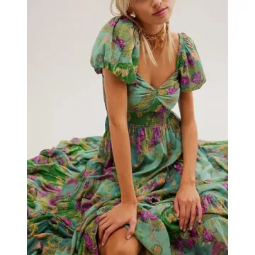 Women Spring Dresses Flowy Smocked Maxi Dress Puff Sleeve Sweetheart Y2K Floral Boho Summer Sundresses, Green, Large