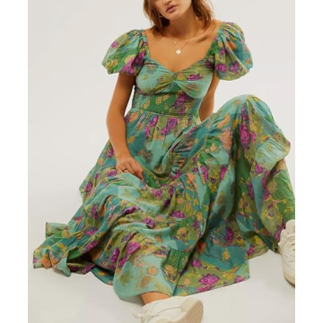Women Spring Dresses Flowy Smocked Maxi Dress Puff Sleeve Sweetheart Y2K Floral Boho Summer Sundresses, Green, Large