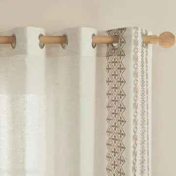 Boho Curtains 84 Inches Long 2 Panels set for Living Room Bedroom Grommet Natural Linen Semi Sheer Bohemian Curtains Rustic Embroidered Drapes Neutral Farmhouse Decor, 52x84 Inch Length, Taupe