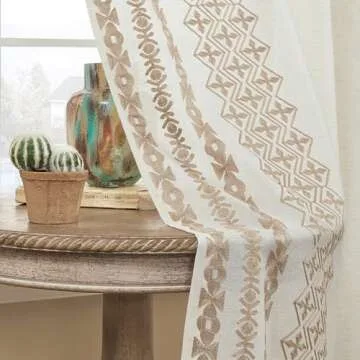 Boho Curtains 84 Inches Long 2 Panels set for Living Room Bedroom Grommet Natural Linen Semi Sheer Bohemian Curtains Rustic Embroidered Drapes Neutral Farmhouse Decor, 52x84 Inch Length, Taupe