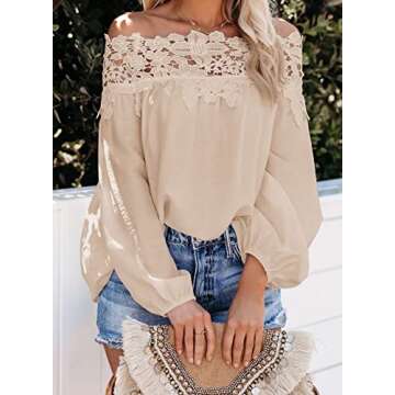 Asvivid Womens Boho Lace Crochet Shirt Sexy Off The Shoulder Long Lantern Sleeve Chiffon Blouses Looose Flowy Tops S Apricot