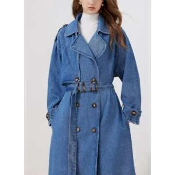 chouyatou Women's Fashion Notch Lapel Denim Trench Coat Double Breasted Belted Maxi Long Jean Jacket (Small, Blue)