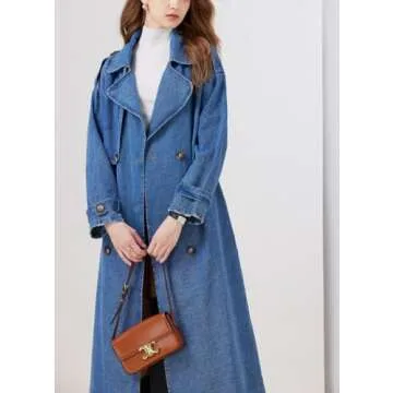 chouyatou Women's Fashion Notch Lapel Denim Trench Coat Double Breasted Belted Maxi Long Jean Jacket (Small, Blue)